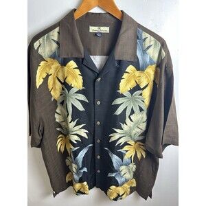 Tommy Bahama Shirt Mens XL Black Brown 100% Silk Hawaiian Aloha Floral Print